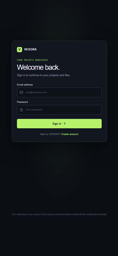 VEXORA narrow viewport sign-in screen