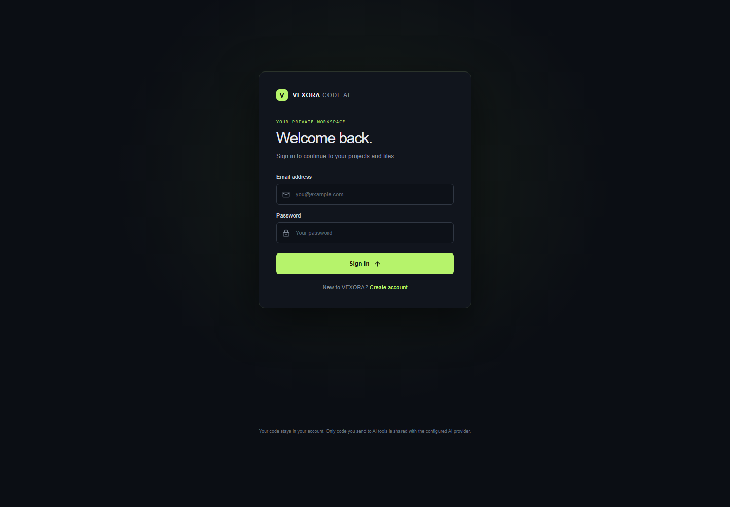 VEXORA desktop sign-in screen